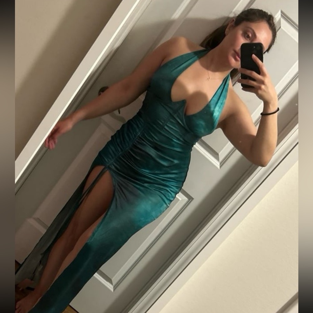 Teal Halter Ruched ‘Satin’ Evening Maxi Dress with high slit